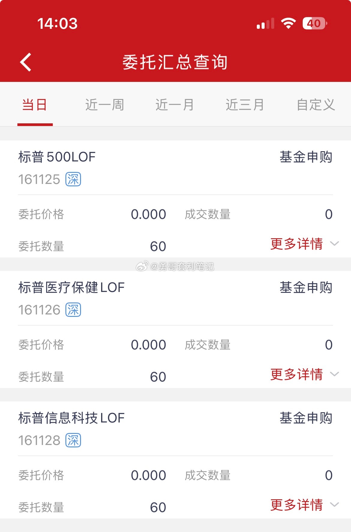 基金套利 今天三只，限额均是10，当定投了。1.标普信息科技溢价率2%。2.标普
