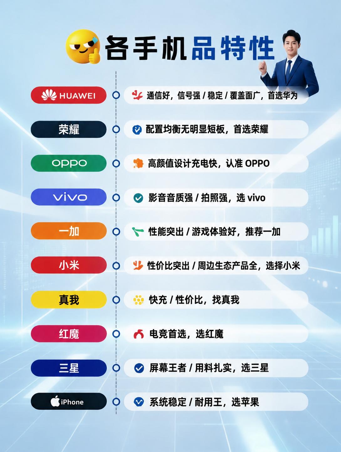 各手机品牌特性，看好不踩坑！

华为：通信好，信号强 / 稳定 / 覆盖面广，首