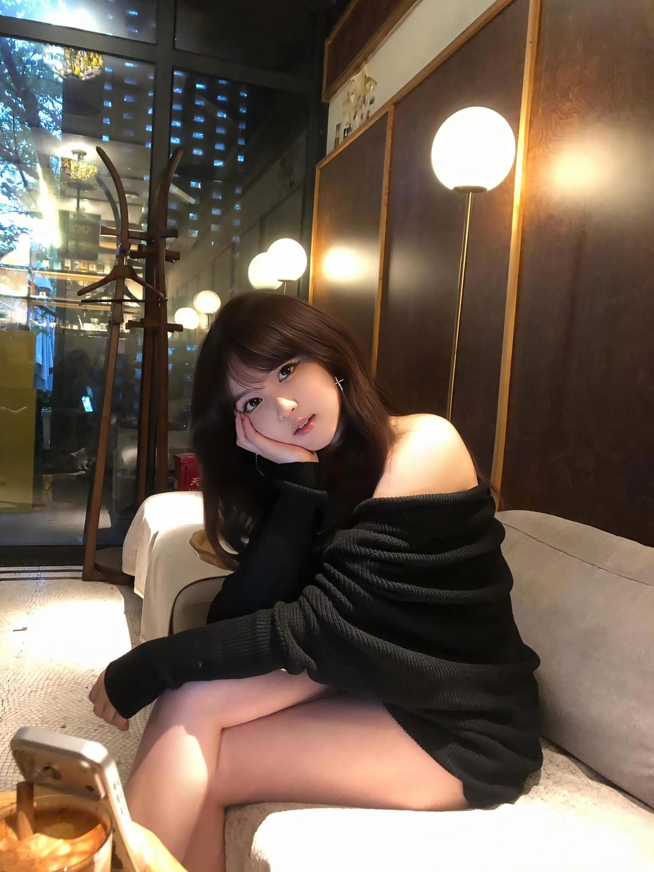 “咖啡馆里的慵懒时光，黑毛衣与白沙发相映成趣”📸🍂