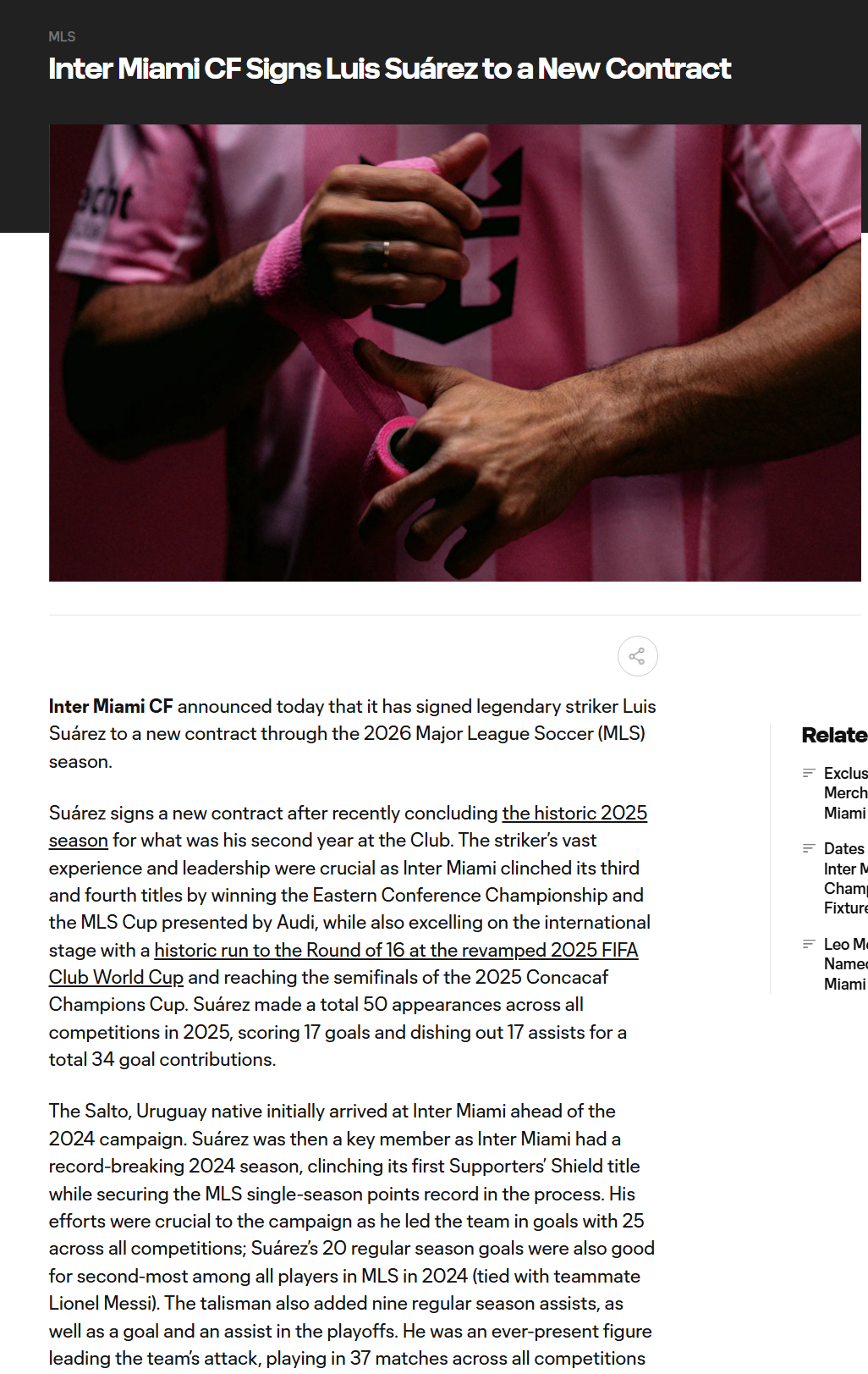 官方：迈阿密国际官宣与苏亚雷斯续约一年！迈阿密国际