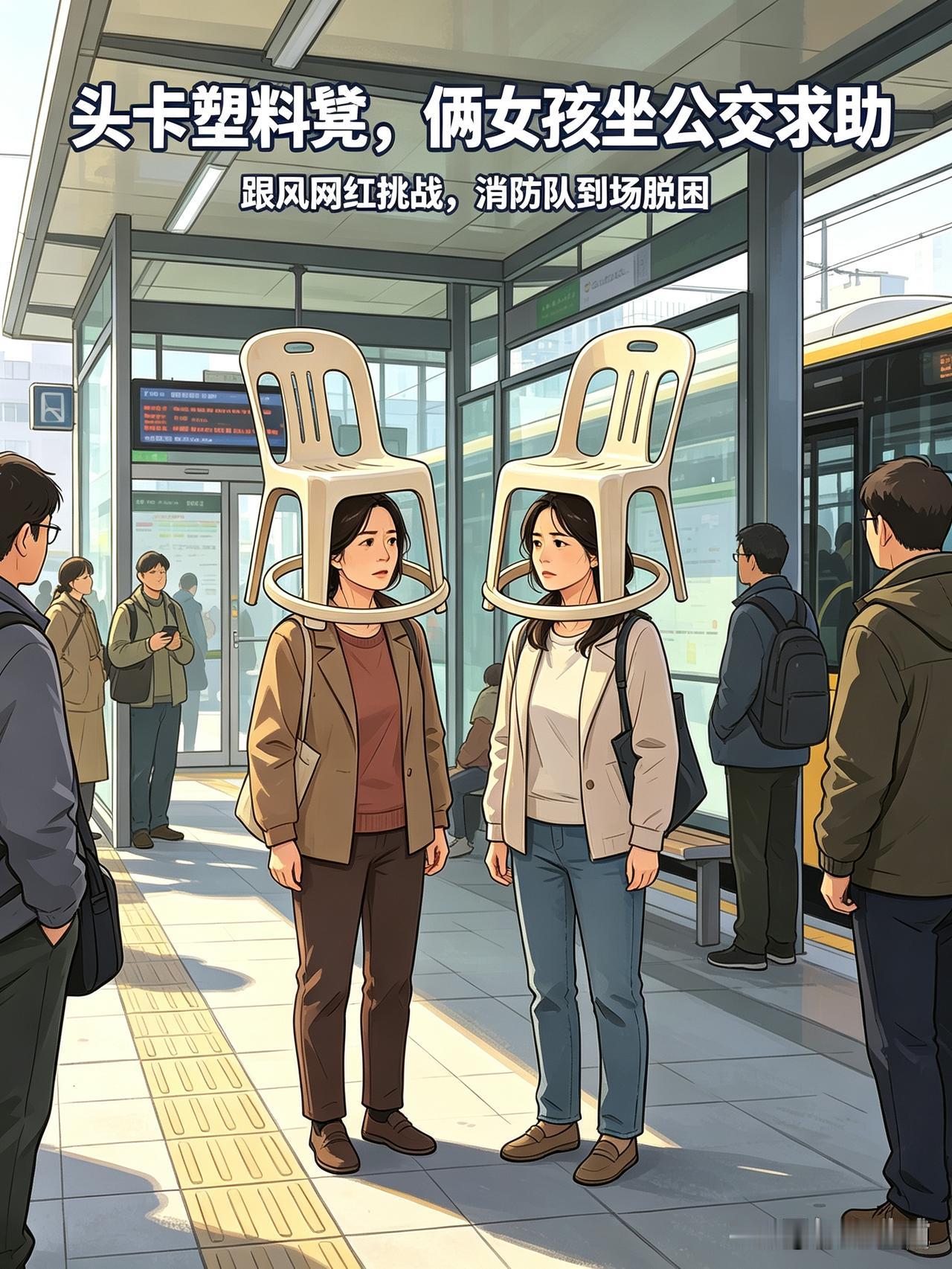 跟风网红挑战，俩女孩头卡塑料凳，顶着凳子坐公交去消防站！
 
       内蒙