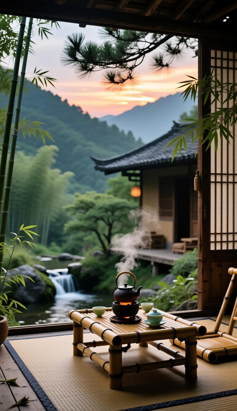 七律·静夏安禅
 
远避尘嚣隐野家，松阴竹户隔喧哗。
山泉慢煮清心茗，竹席闲栖看