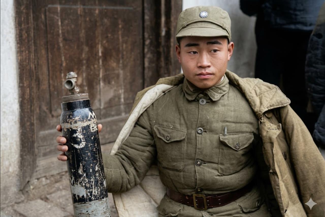 1943年，常德会战，一名国军士兵向美国战地记者展示缴获的日军芥子气毒气弹。
1