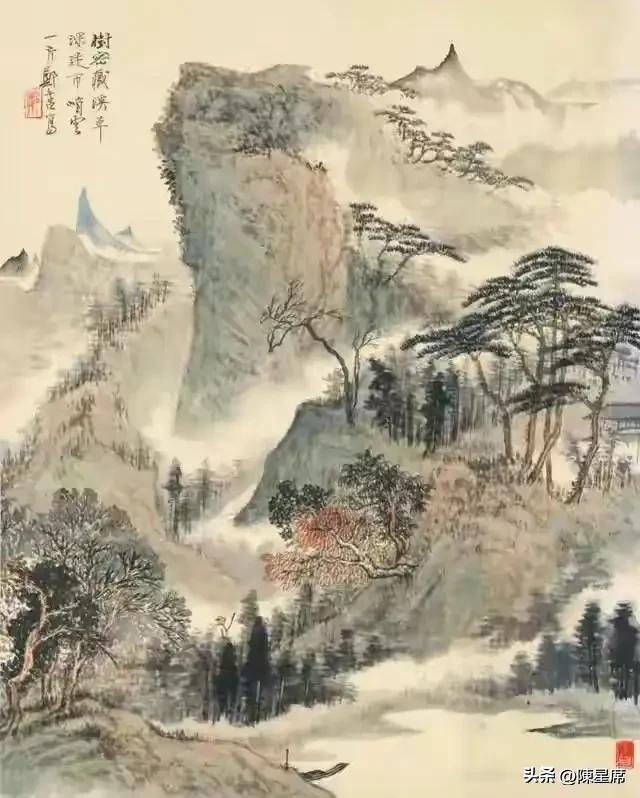 他的山水画艺术风格：常用淡墨绘山石纹理，浅绛色打底，赭色点缀，使画面层次分明，立