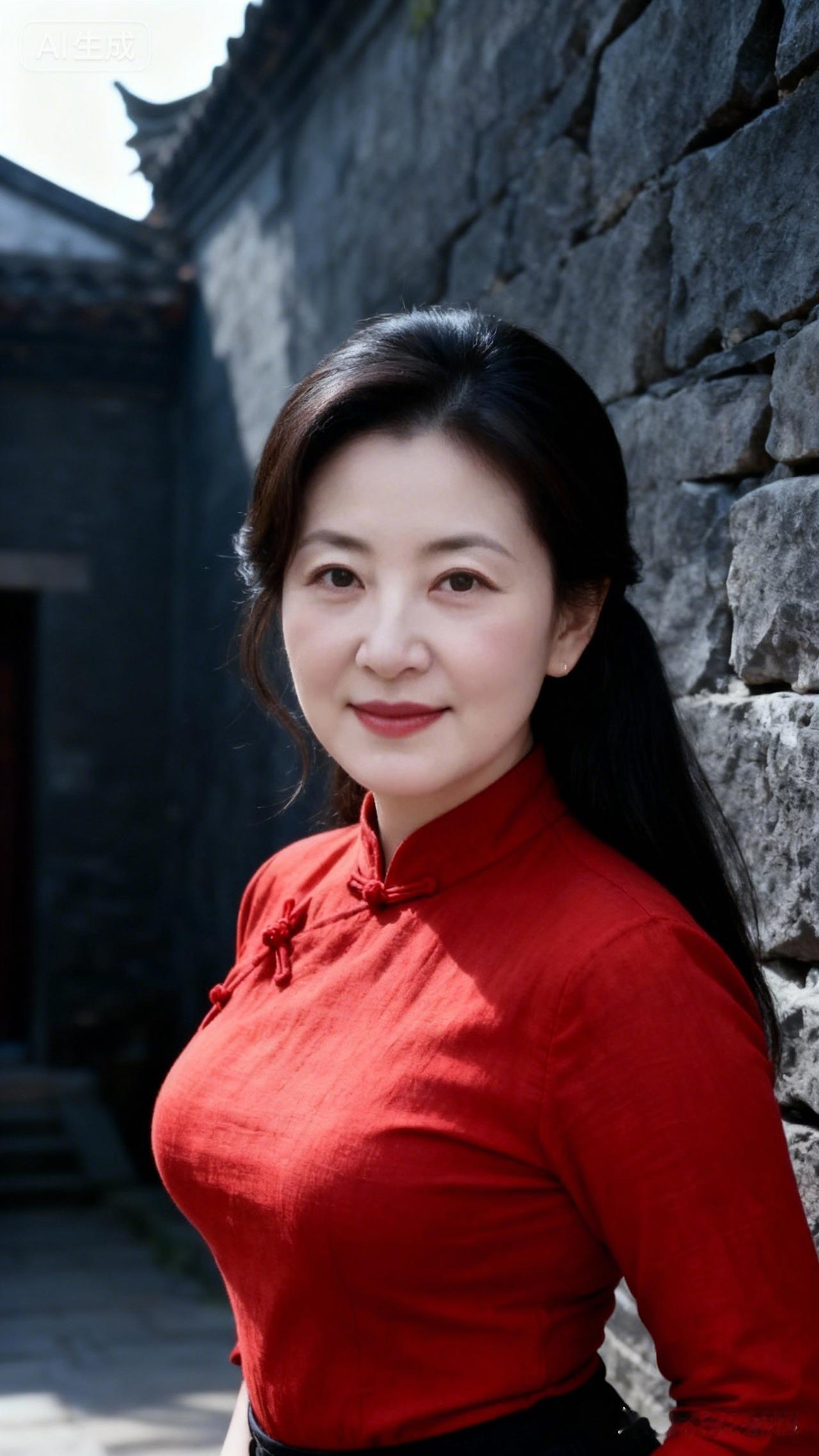 红衣女子倚石墙，古韵悠然显风姿。