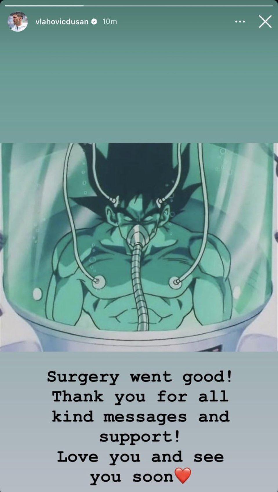 弗拉霍维奇：手术很成功，谢谢你们的关心和支持。爱你们。See you soon