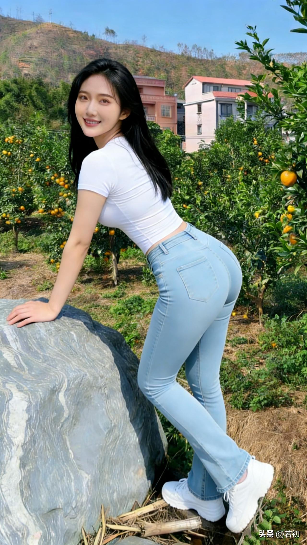 阳光明媚的果园里，元气少女与橙香相伴，笑靥如花。