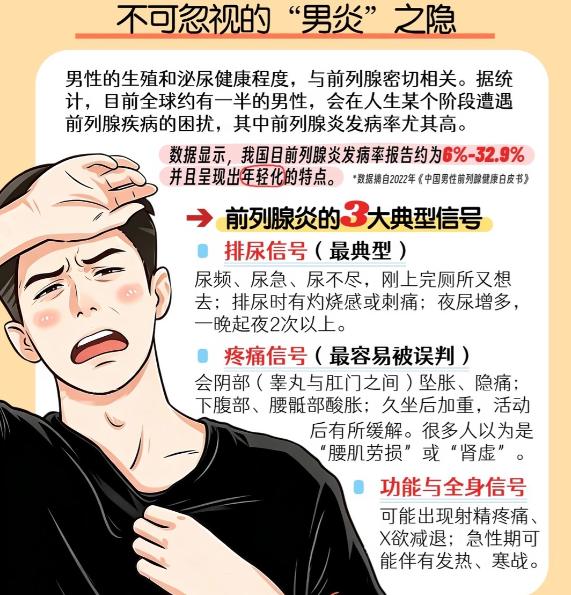 尿频、会阴坠胀、腰酸，可能是前列腺发出的预警信号
