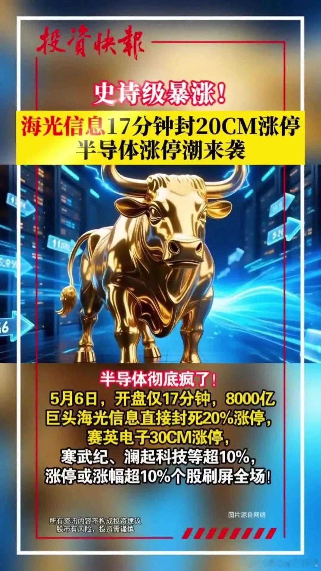 史诗级暴涨！海光信息17分钟封20CM涨停半导体涨停潮来袭5月6日，开盘仅17分