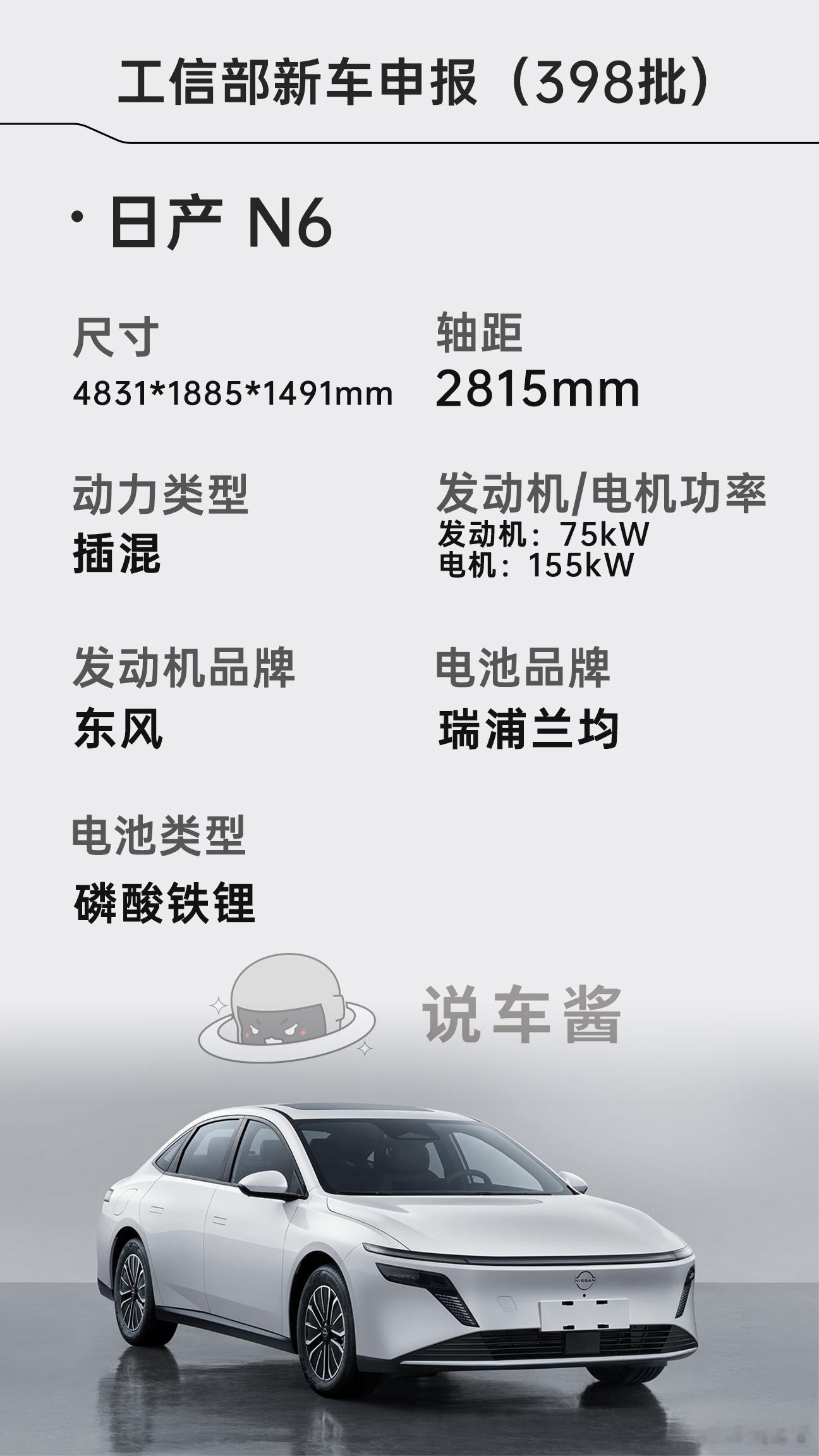 日产N6申报工信部公告155kW的电机功率，轩逸史诗级加强[doge]日产N6日