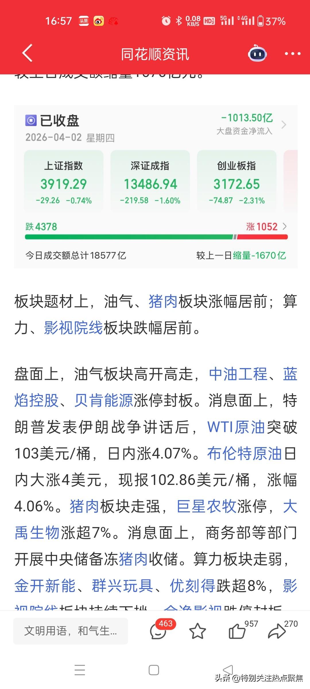 特朗普讲话“没有明确降温信号”，令市场“很失望”

截至收盘，上证指数跌0.74