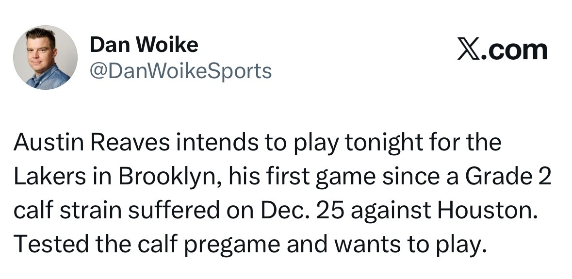 里夫斯复出对阵篮网！ 但他的上场时间将受到限制。 