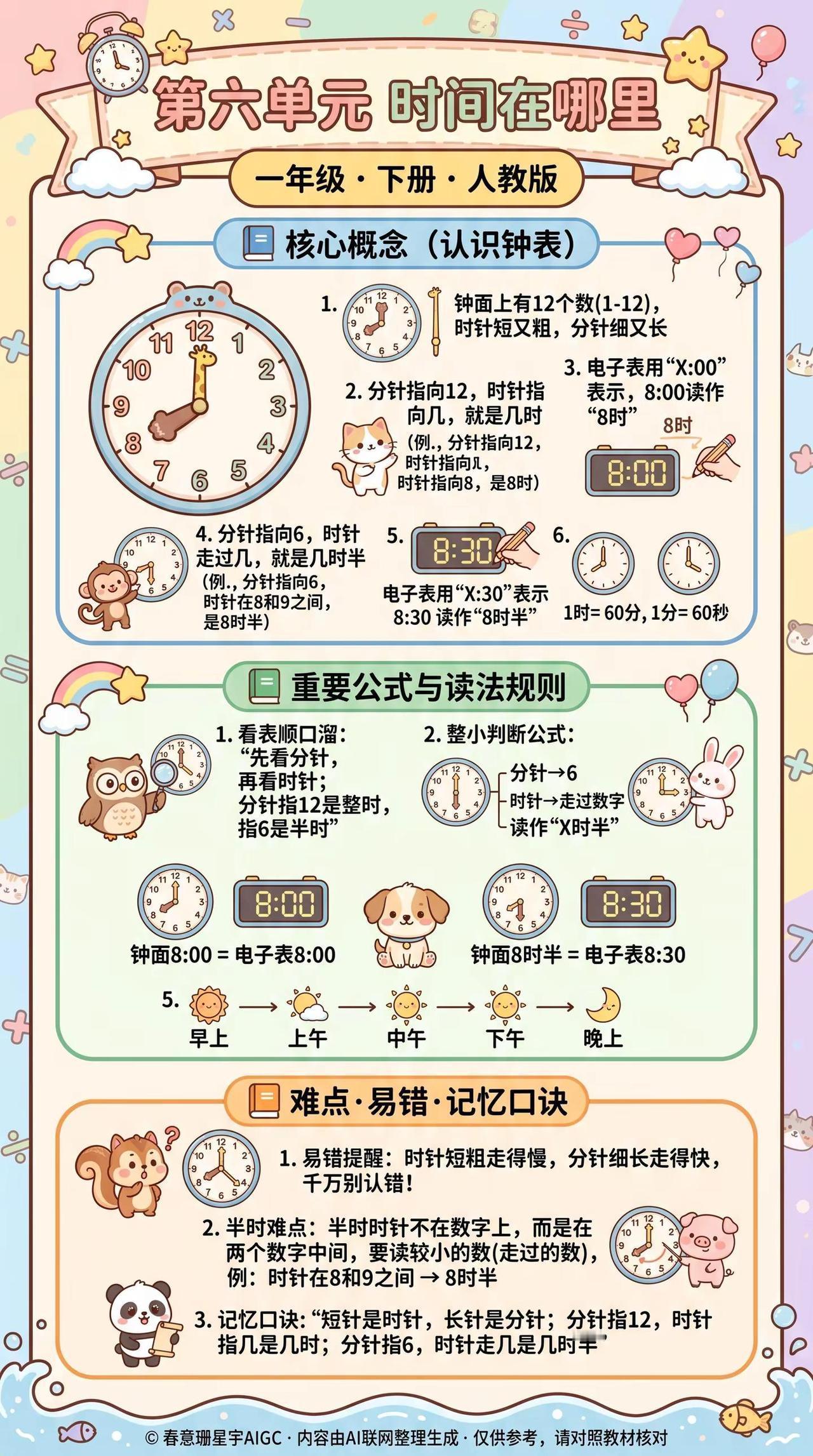 ⏰一年级时间单元，娃学不会？看这张图。一年级家长注意！📢第六单元《时间在哪里》
