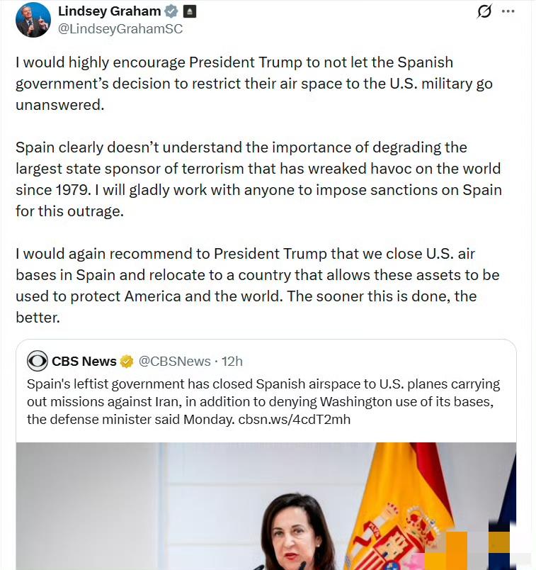 参议员林赛·格雷厄姆：

我强烈建议特朗普，不要对西班牙政府限制美军使用其领空的