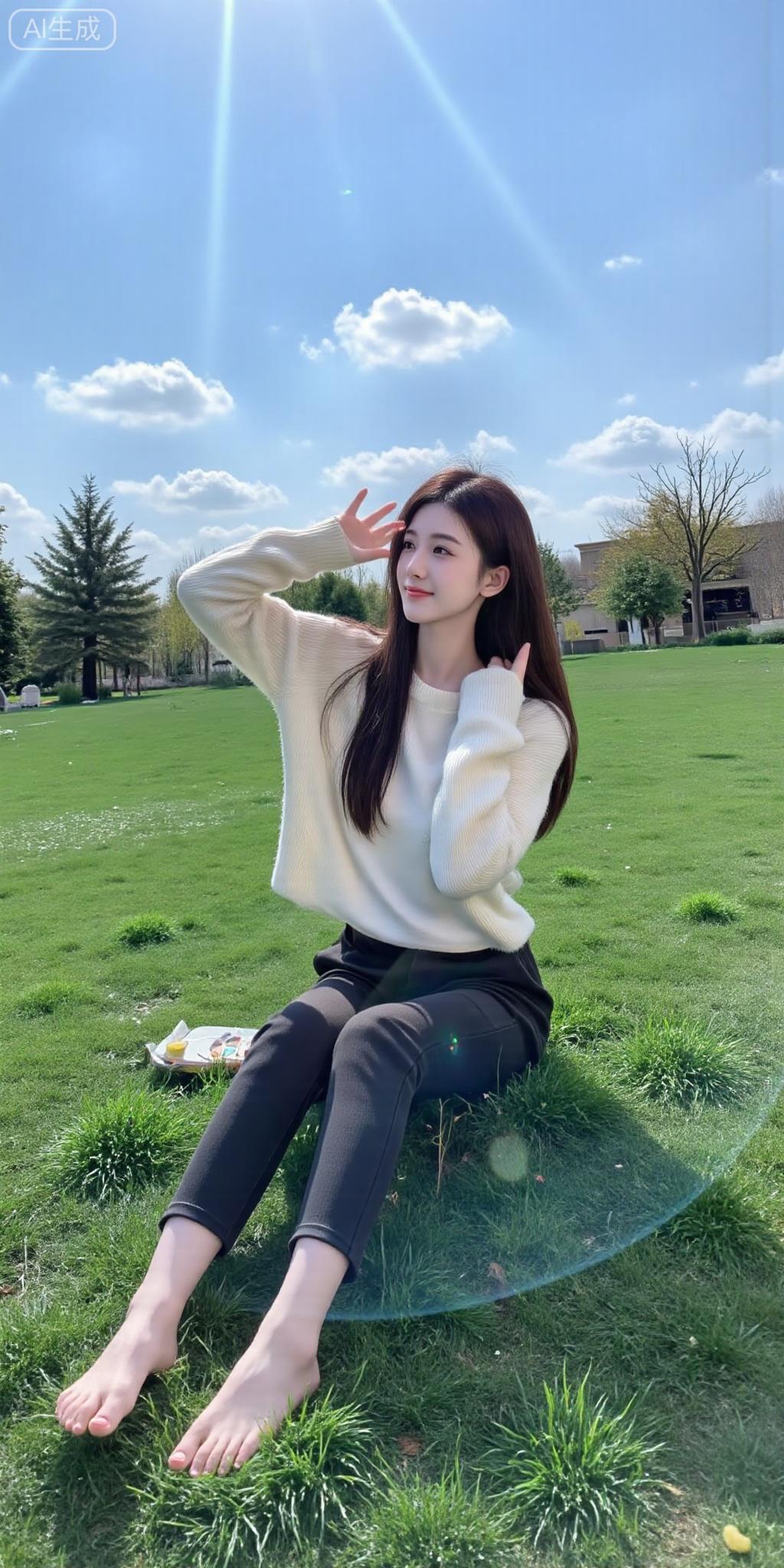 一位女孩在春日阳光下惬意休憩的温馨场景。她身穿米白色针织开衫和黑色紧身裤，赤脚坐