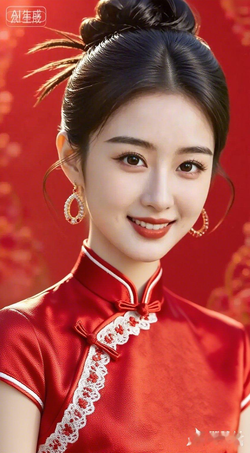 绝色女子全身立姿，身着红底白边刺绣短袖旗袍，面料丝滑、花边精致。盘发微乱配华贵首