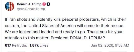 阿川发出威胁：如果伊朗政权继续“杀害”抗议者，美国将“前来营救”，并补充说美国“