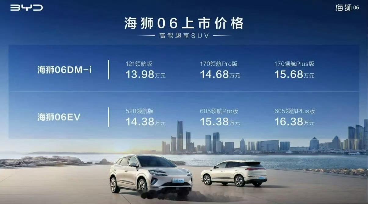 比亚迪海狮06海狮 06 上市，插混13.98 万-15.68万，纯电14.38