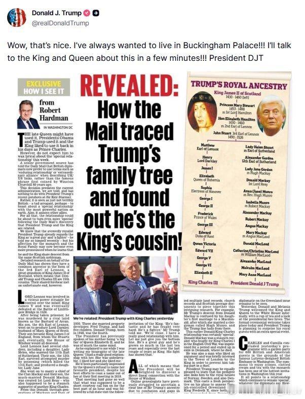 特朗普转发“与查尔斯国王是表亲”的报道，并幽默回应：“哇，太好了。我一直都想住在
