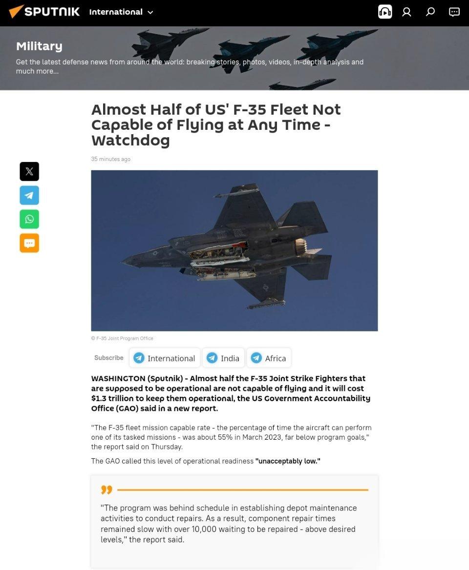 几乎一半的美国F-35战机无法随时飞行美国政府问责局(GAO)在一份新报告中称，