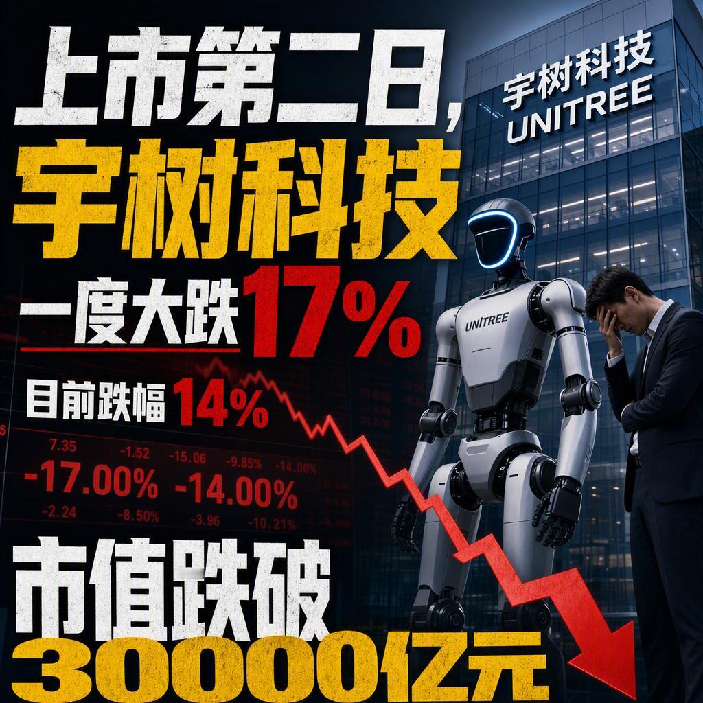 昨天还在刷屏见证历史，今天就直接被按在地上摩擦。
宇树科技上市第二日一度大跌17