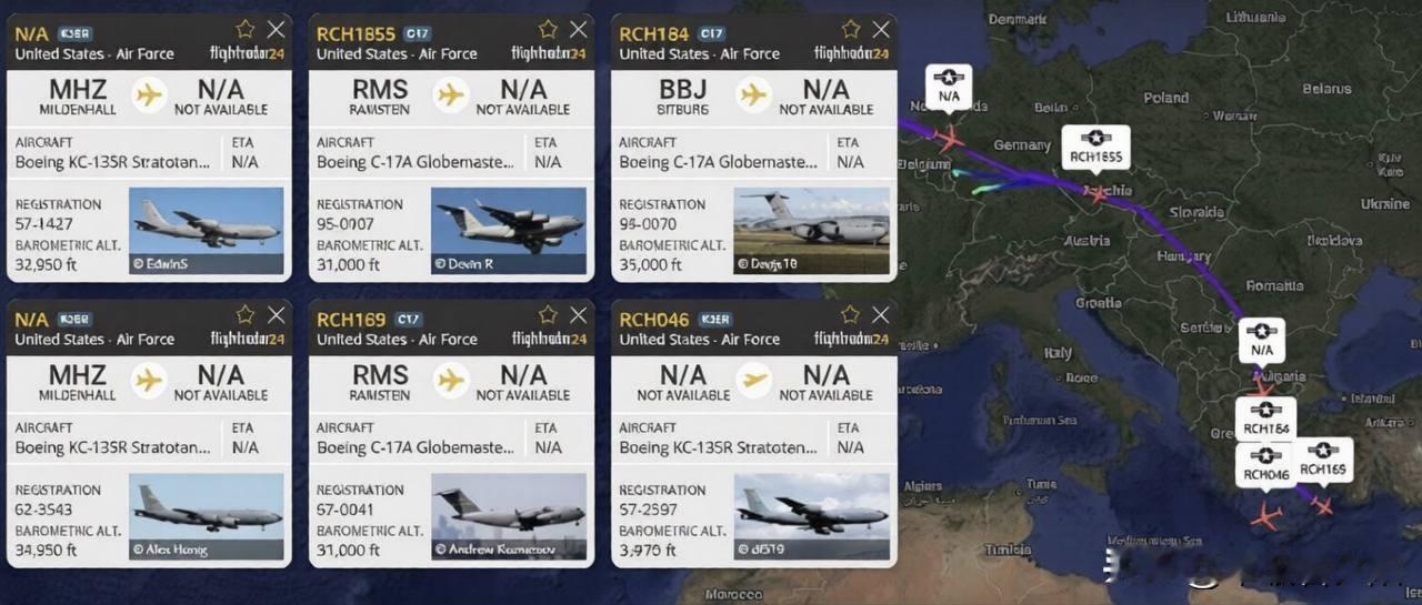 最新飞行数据显示，数十架美军C-17运输机和KC-135、KC-46A加油机正密