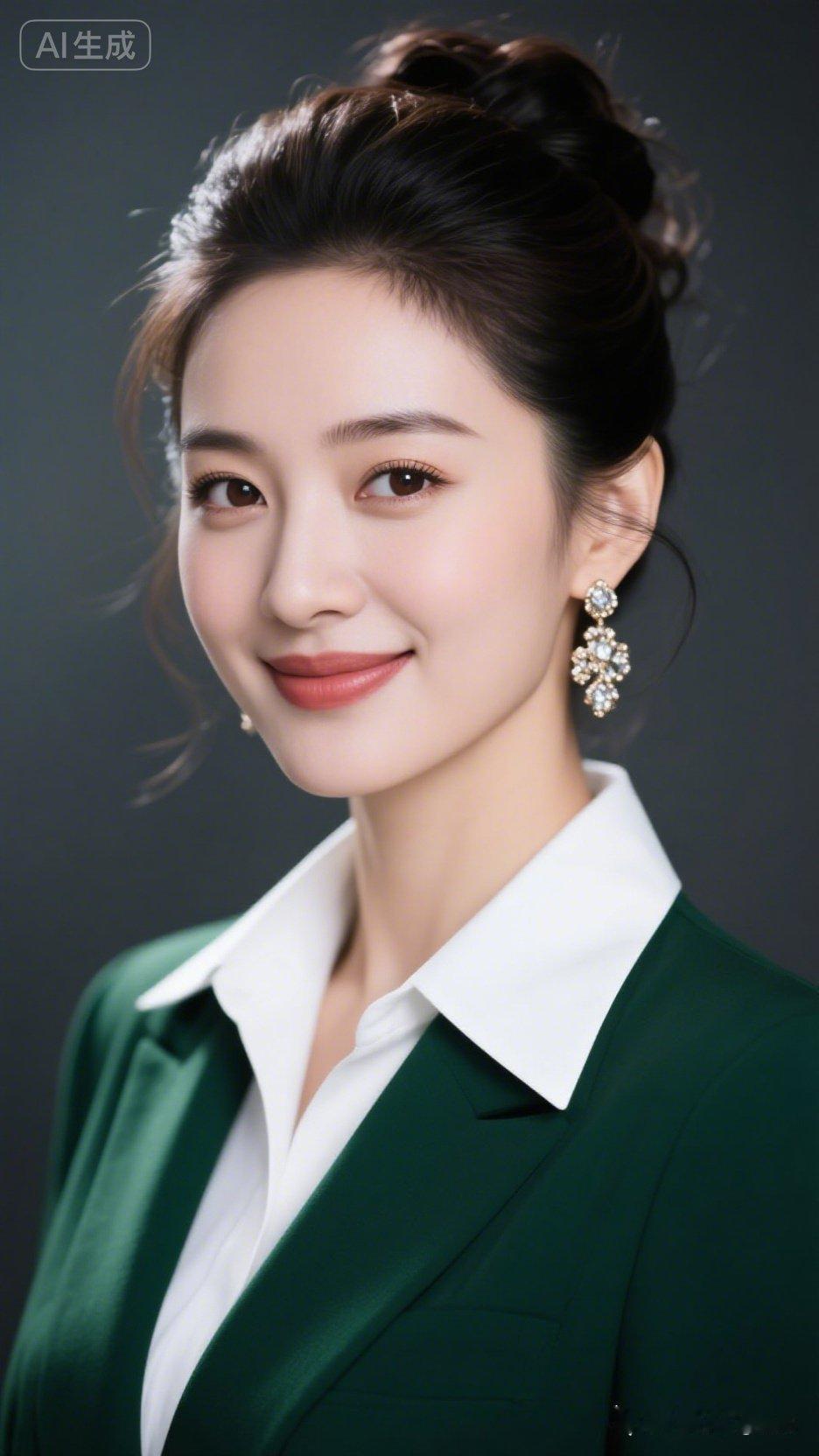 优雅职场风，绿白配，闪耀耳环，自信微笑！