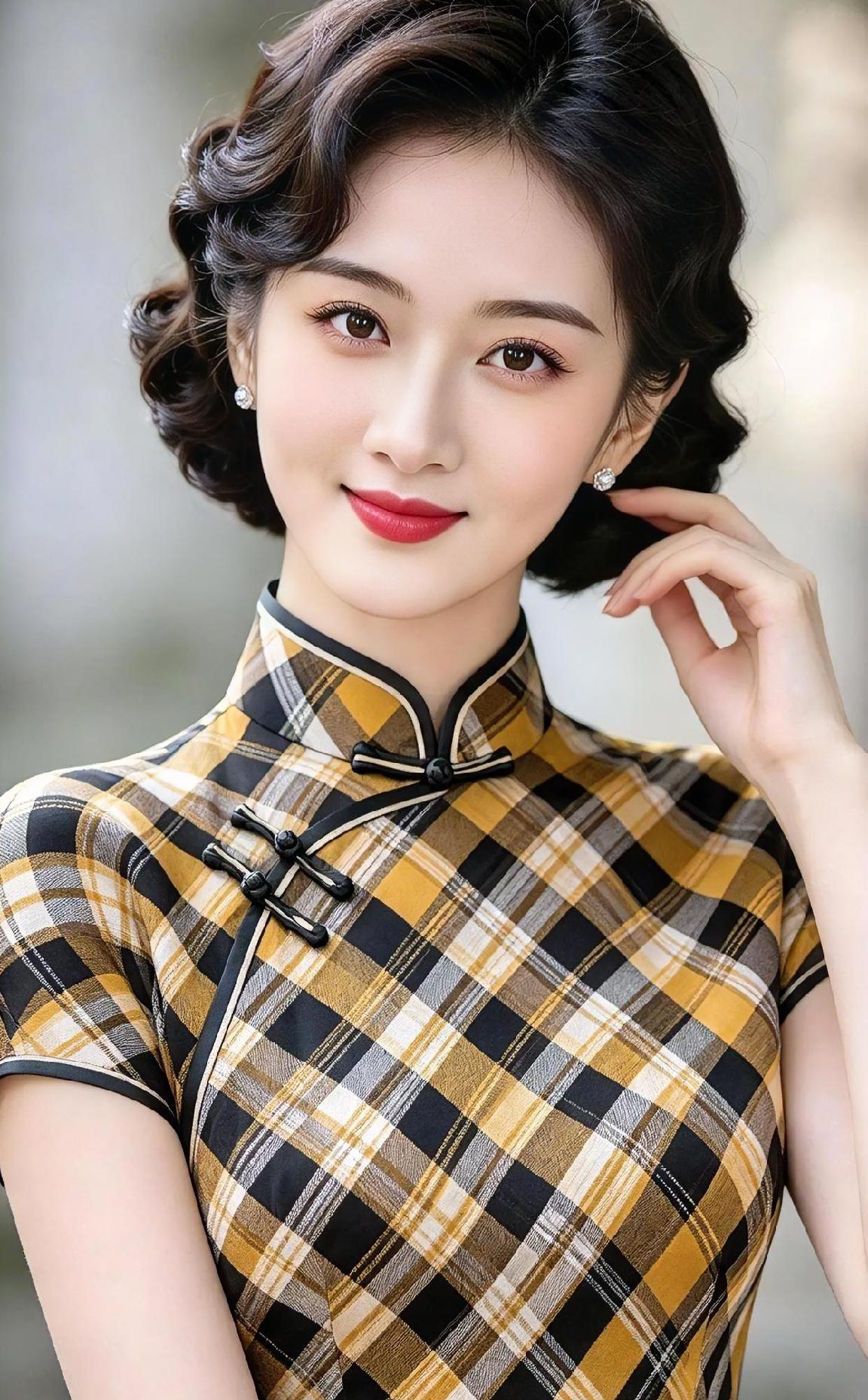 《格纹里的东方韵脚》

暖光轻洒，她携着旧时光的雅致，

黄黑格纹旗袍，织就岁月