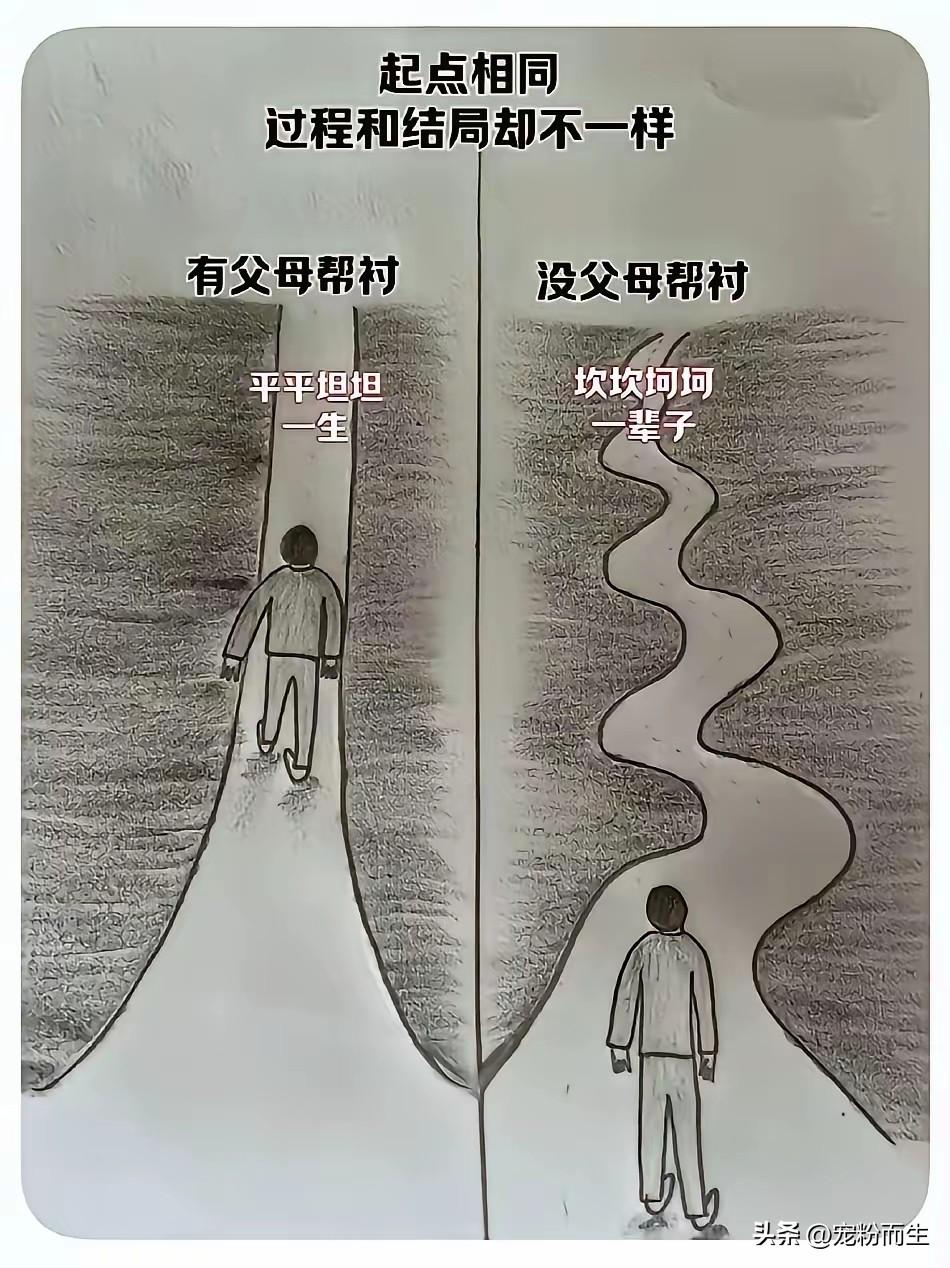这幅画道尽了很多成年人心里藏着的无奈。明明起点相似，有人靠着父母铺路，前路笔直平