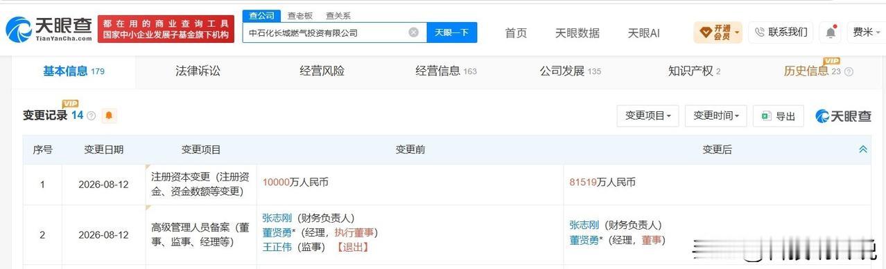 【中石化旗下长城燃气投资公司增资至8.2亿 增幅约715%】
天眼查工商信息显示
