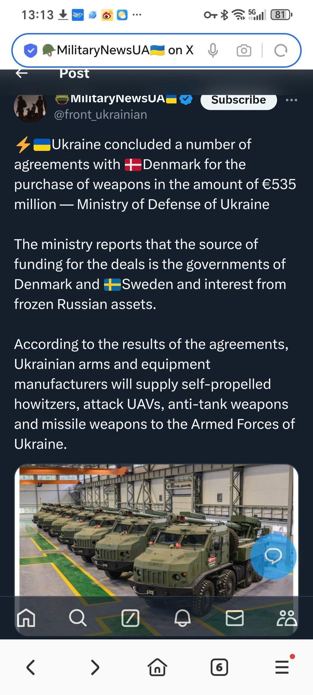 据乌克兰国防部称，乌克兰与丹麦签订了一系列总额为 5.35 亿欧元的武器采购协议