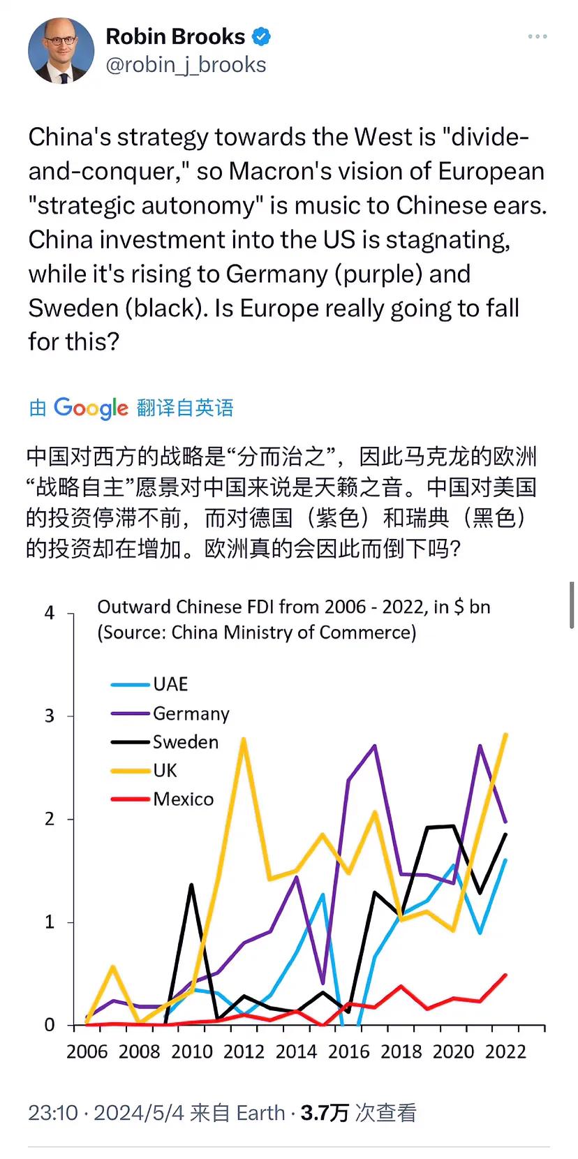 高盛集团前首席货币策略师罗宾·布鲁克斯昨晚（北京时间5月4日晚）写道：“中国对西