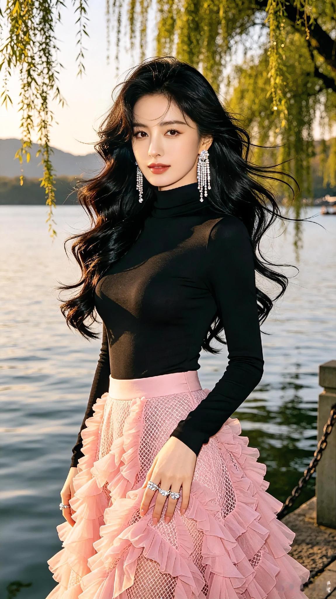 黑丝绒与粉裙的优雅碰撞，湖畔的浪漫时光。
女人怎么穿才好看啊 
少女风写真照 