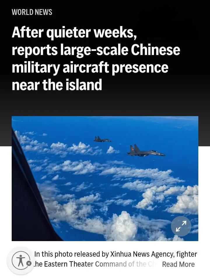 据外媒报道称，台岛当局周日表示，在台岛附近出现了大量大陆军机的激增，此前过去两周