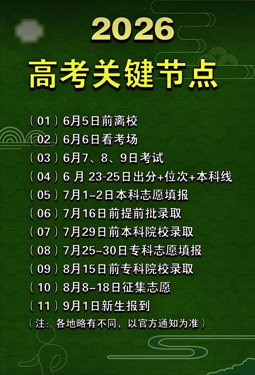 2026年高考日程安排(各地略有不同，请以官方通知为准)