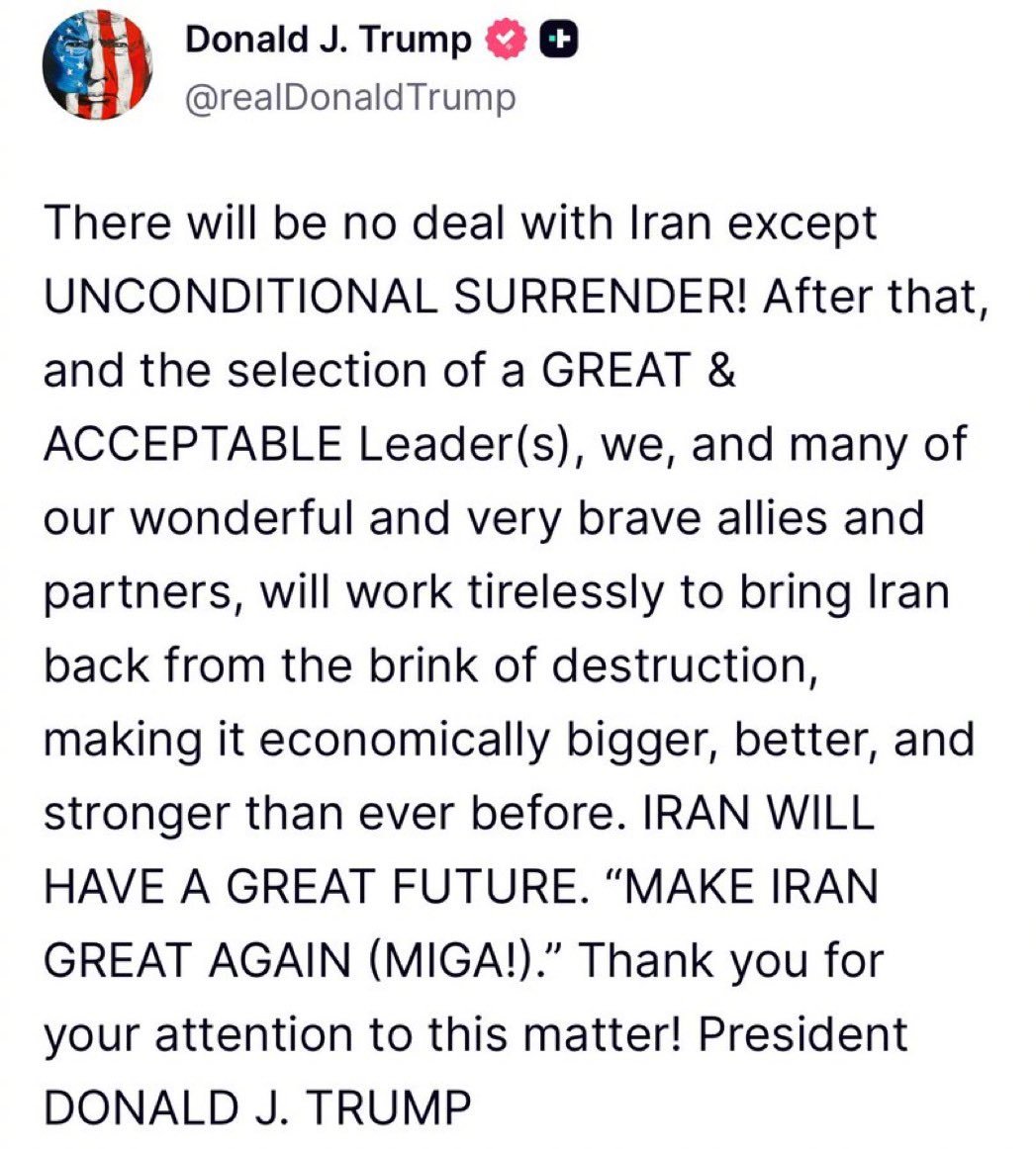 阿川：除了伊朗无条件投降，不过有任何其他协议 