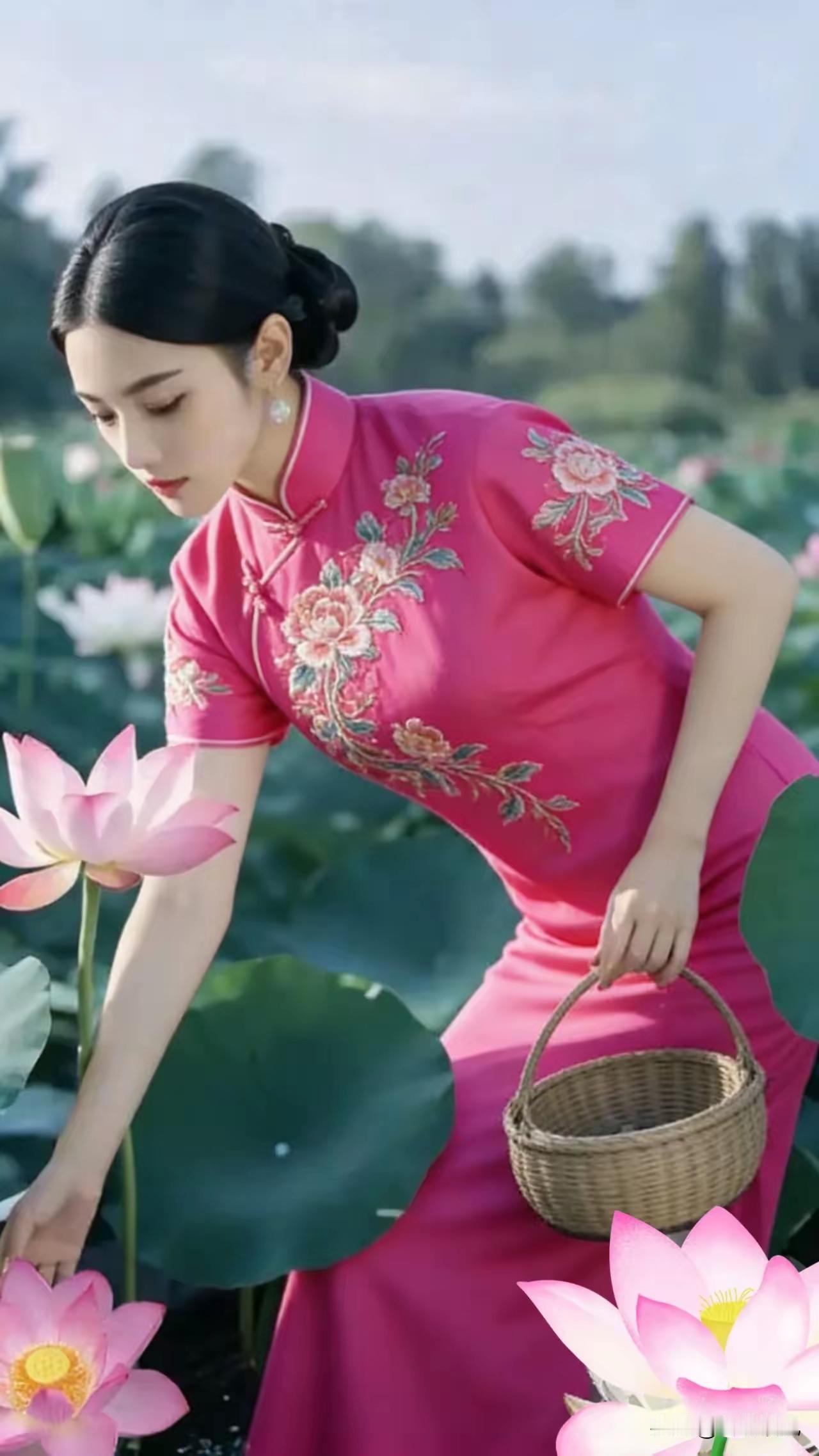 粉嫩荷塘，古典美人采摘莲花，尽显东方韵味。