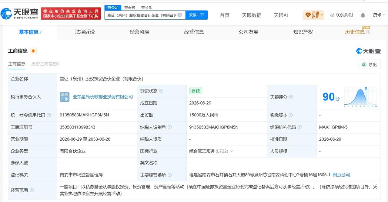 复星集团、兴业证券在泉州成立新合伙企业 出资额1.5亿

天眼查App显示，近日