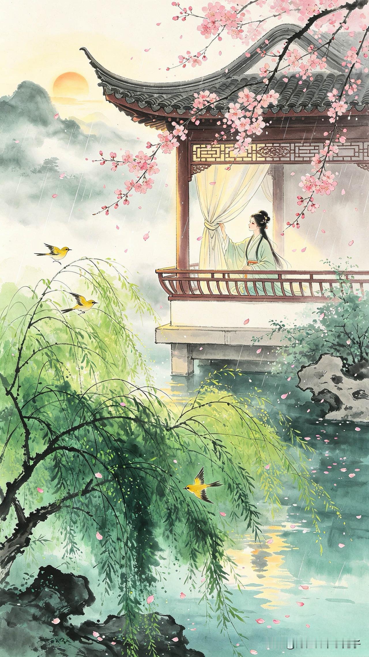 晓色初开玉楼东，
莺啼柳浪翠烟濛。
卷帘忽见桃花雨，
   
…………请师友续尾