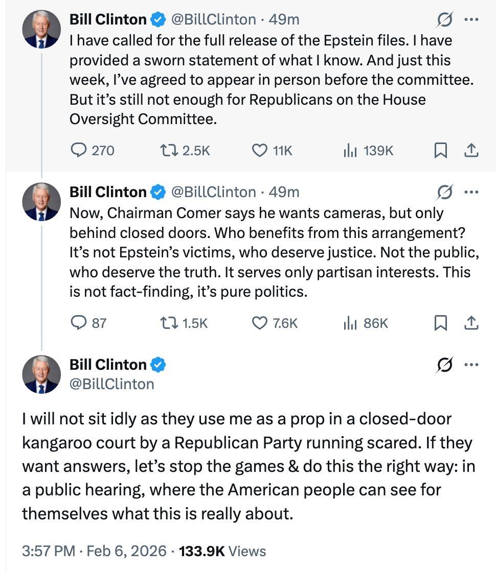 豁出去了

美国前总统比尔·克林顿就爱泼斯坦档案调查连发三贴作出回应：

“我已