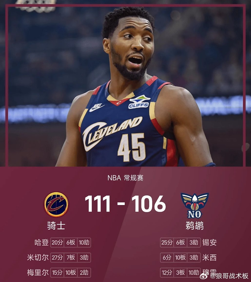 NBA战报：米切尔27分，骑士111-106险胜鹈鹕03月22日 25/26赛季