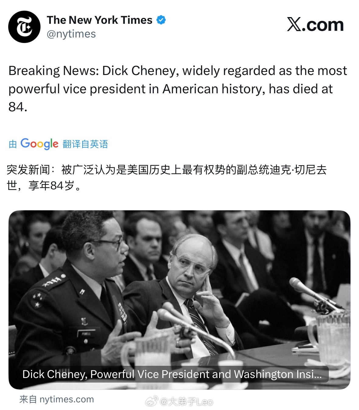 老美强硬派代表人物、前副总统切尼去世 ​​​