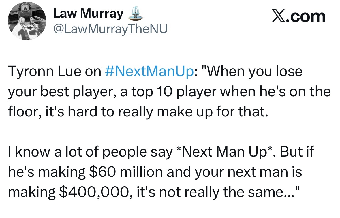 泰伦-卢谈及“下一个人顶上”（Next Man Up）这一理念时表示：“当你失去