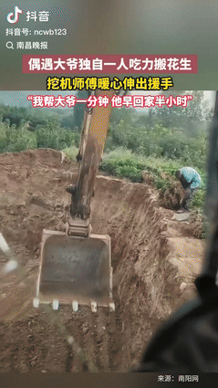 “骨子里的善良！”山东日照，一挖掘机司机修路时，发现有名大爷在地里搬运花生，他顿