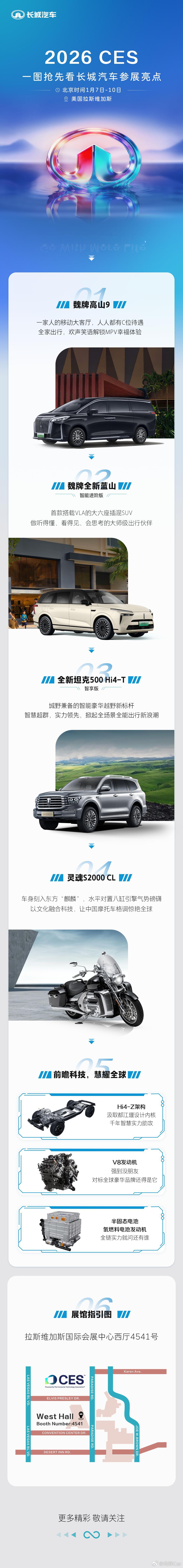 长城汽车带着尖端科技“全家桶”，即将再次登上CES舞台。高山、蓝山、坦克500、