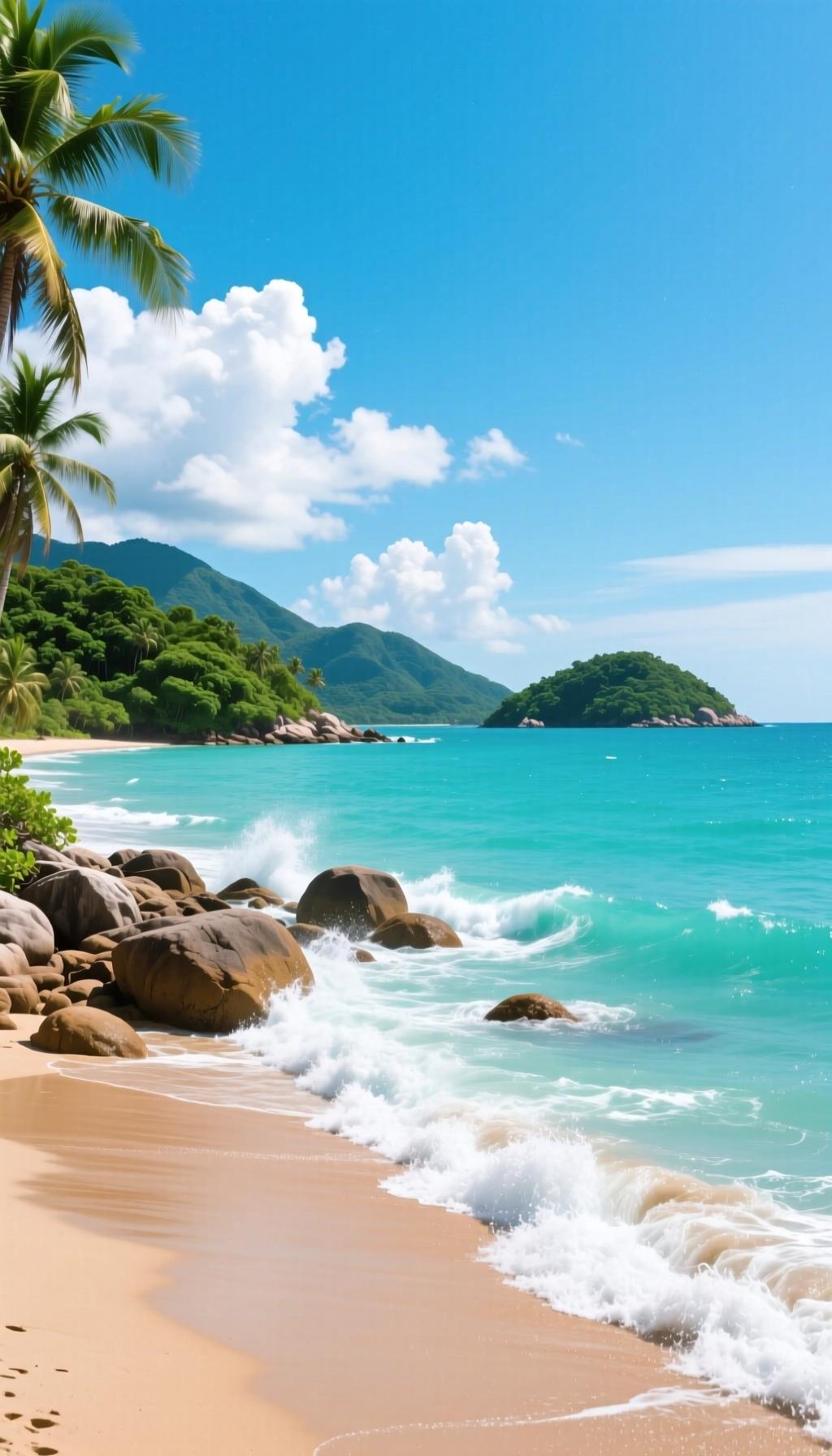 碧海蓝天，椰林沙滩，海浪轻拍，心旷神怡。🌊🏖️🌴