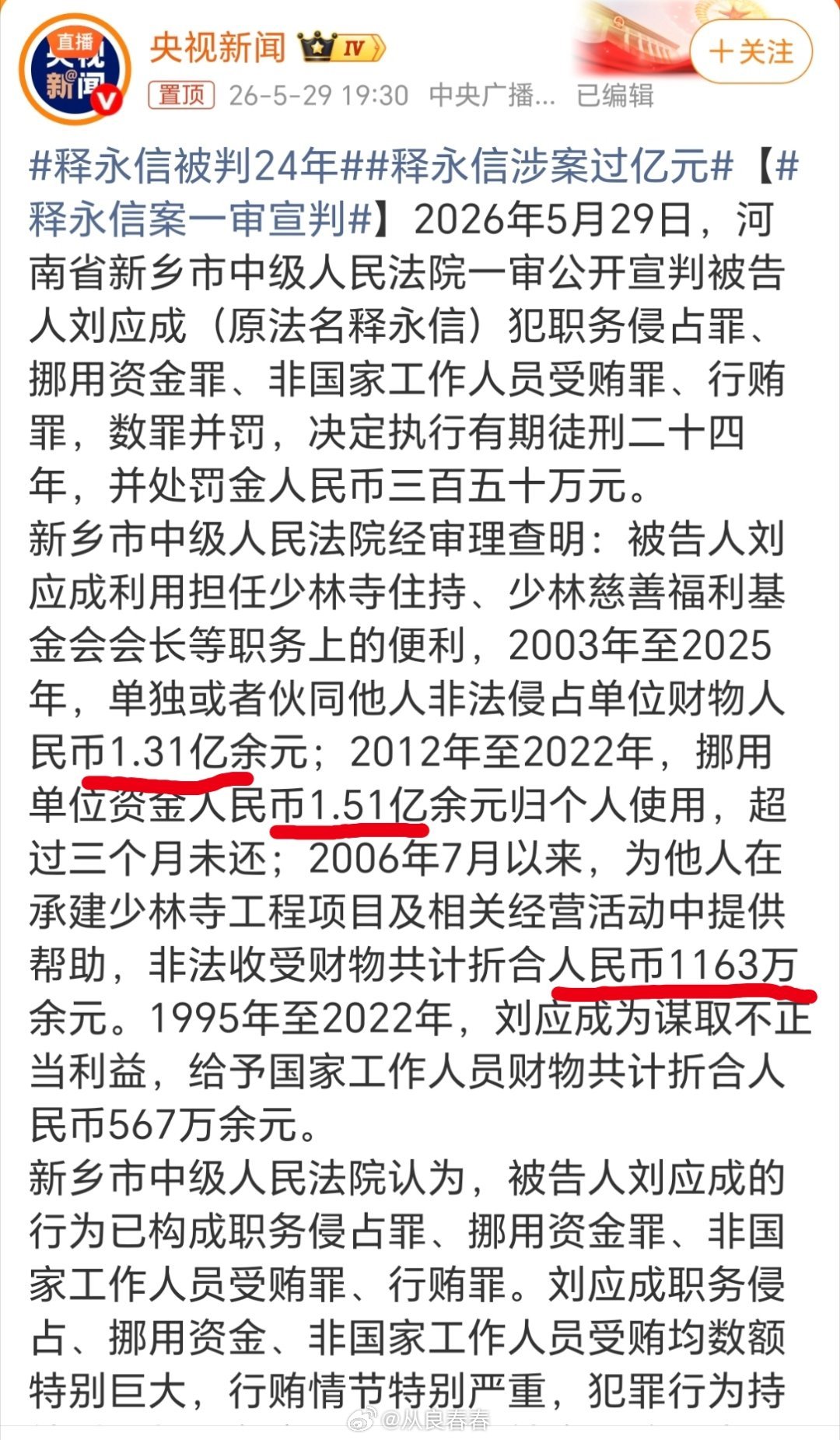 释永信被判24年。侵占单位财务1.31亿元，挪用单位资金归个人使用1.51亿元 