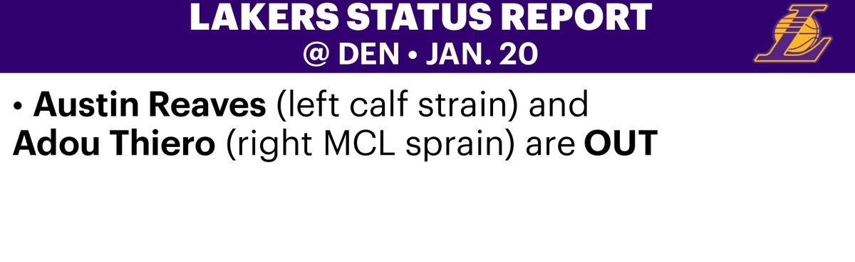 湖人球员伤病报告，只有小里和蒂耶罗在伤病名单NBA湖人国度湖人vs掘金