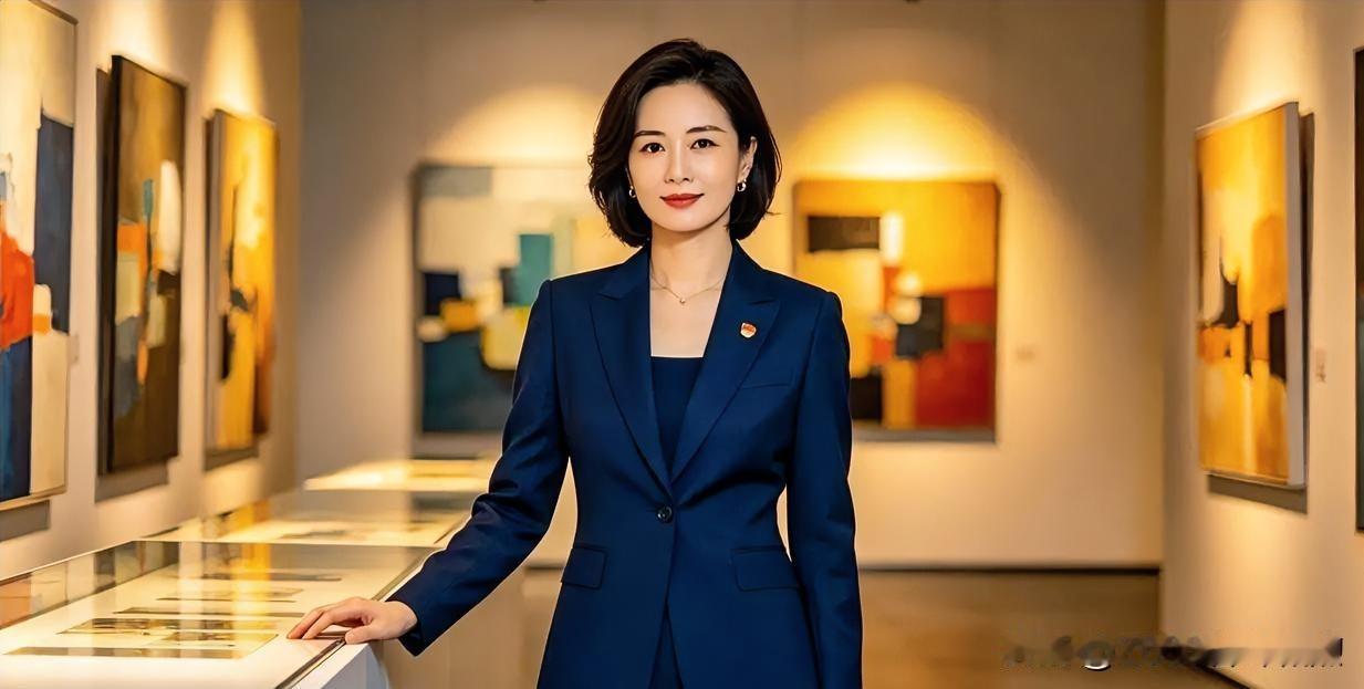 深蓝西装挺括利落，艺术长廊光影柔和，优雅气质与画作相映生辉。