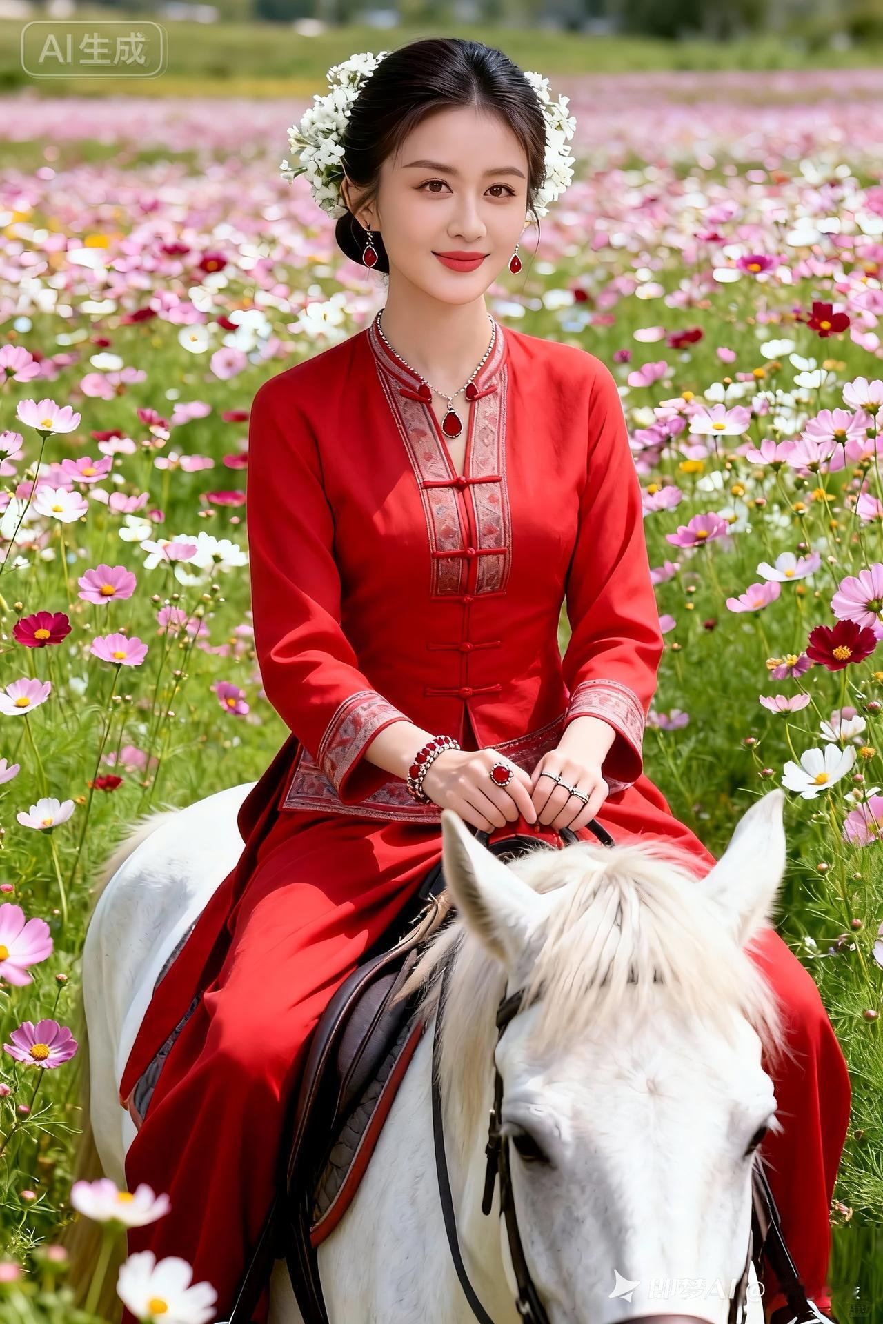 红衣少女骑白马，花海中绽放美丽！